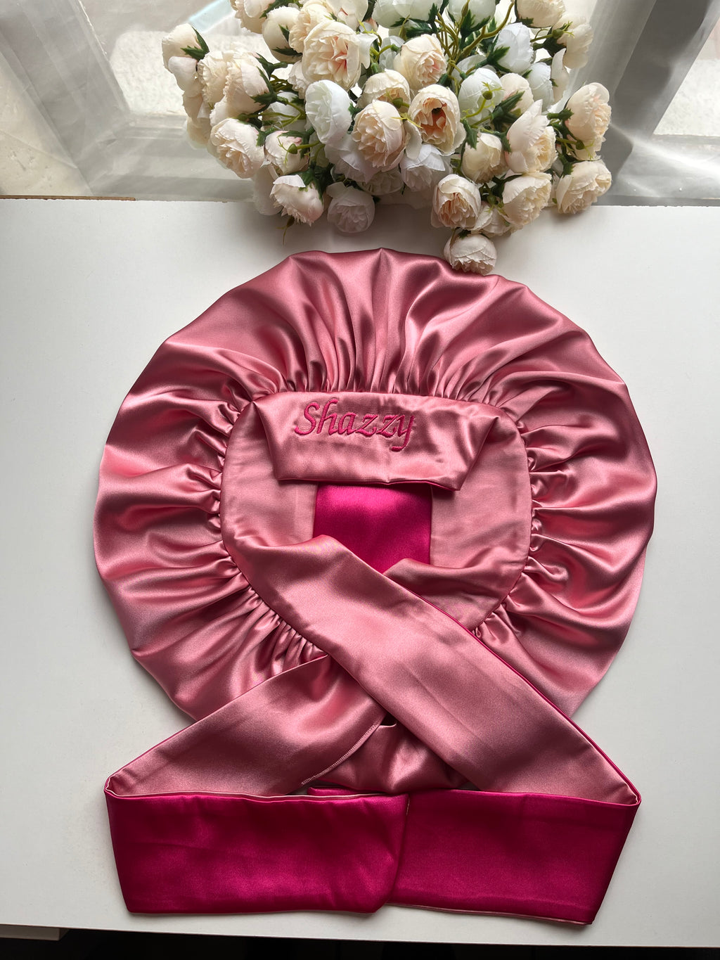 Baby pink and dark pink hair bonnet