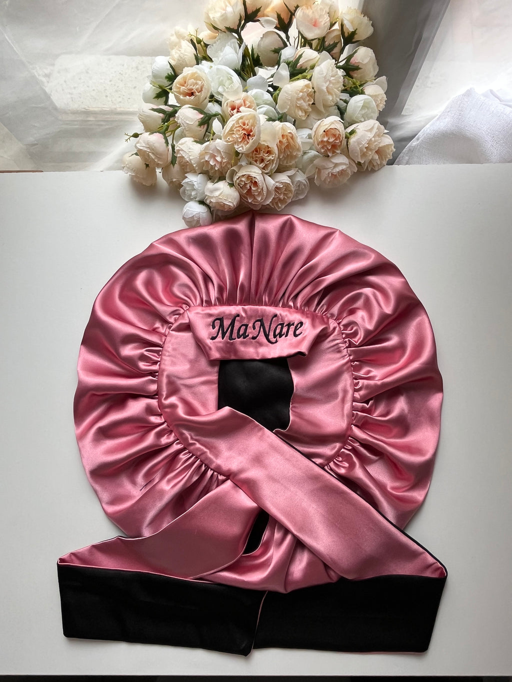 Baby Pink and black double sided hair bonnet