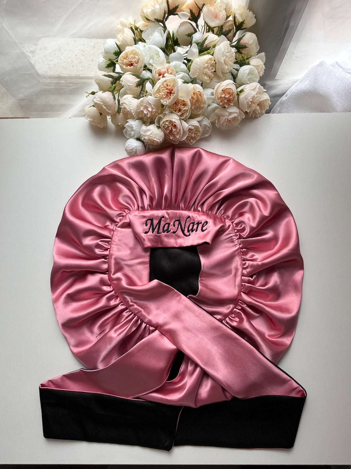 Baby Pink and black double sided hair bonnet