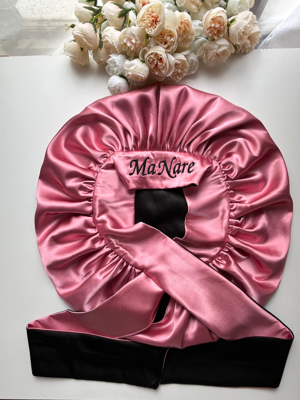 Baby Pink and black double sided hair bonnet