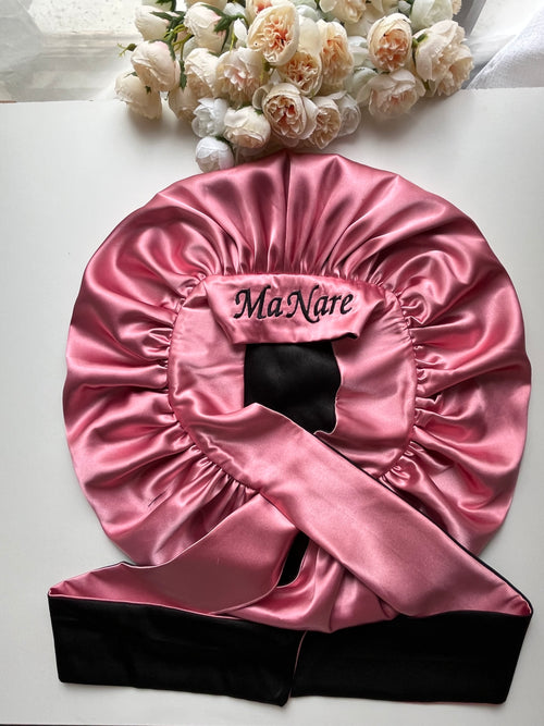 Baby Pink and black double sided hair bonnet