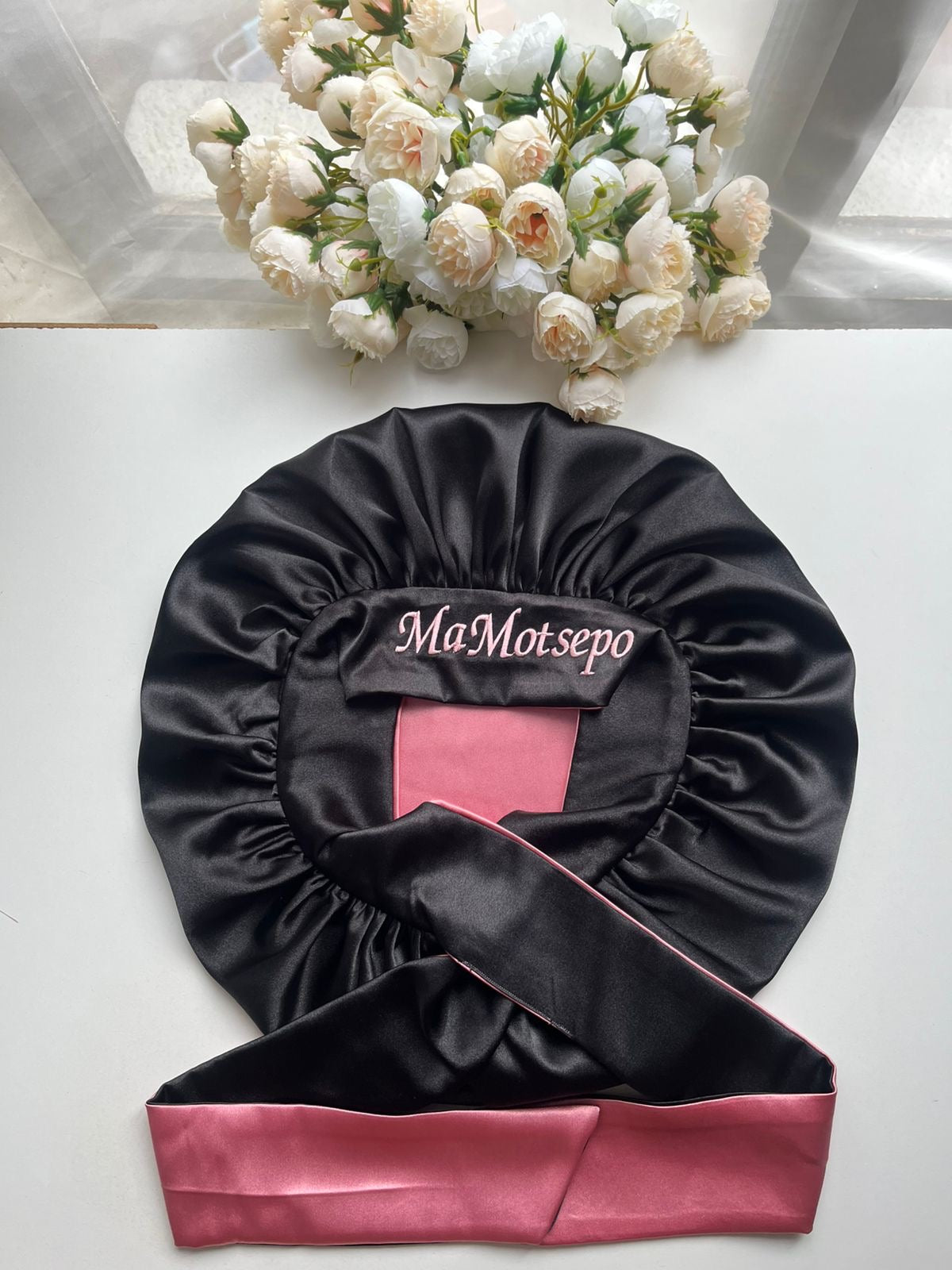 Baby Pink and black double sided hair bonnet
