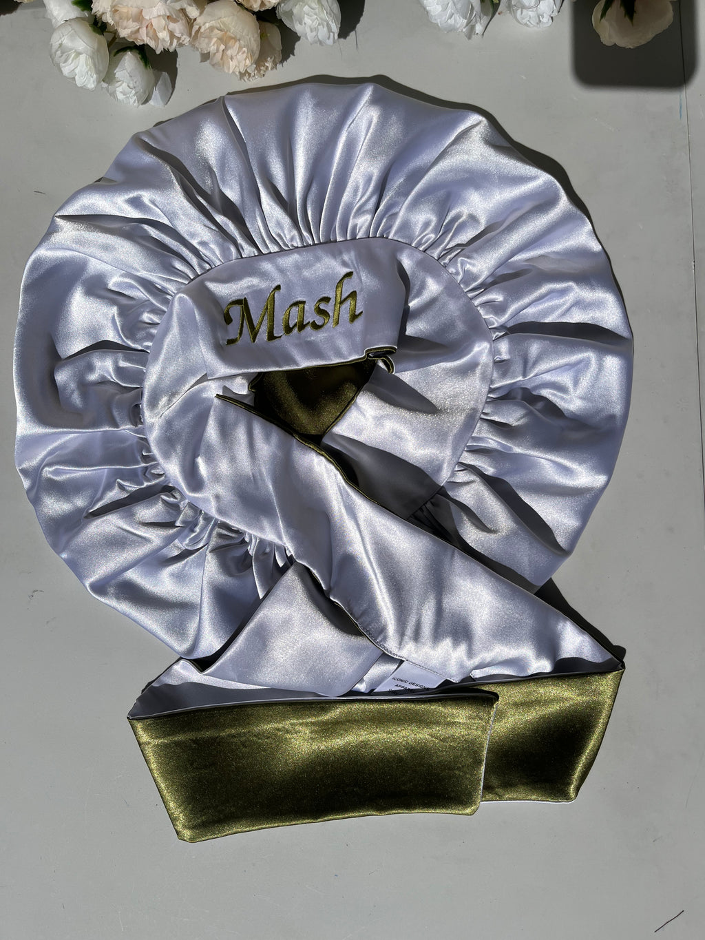 Olive green and white double sided hair bonnet