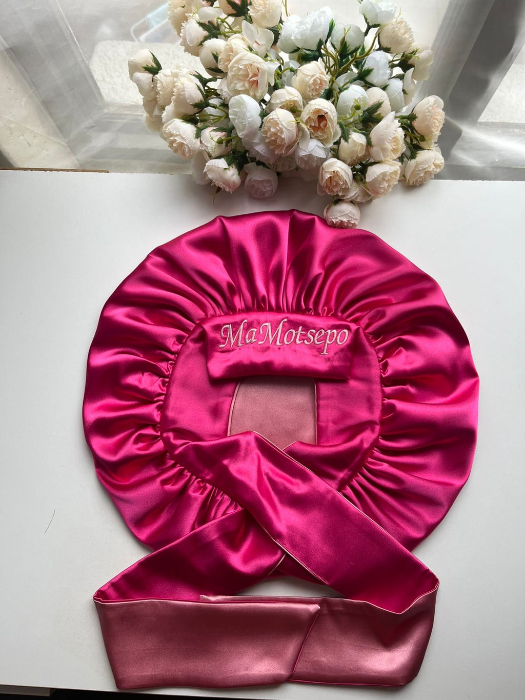 Baby pink and dark pink hair bonnet