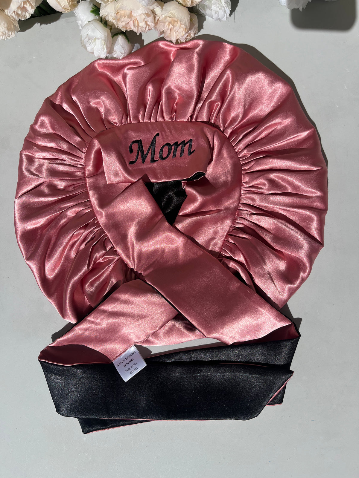 Baby Pink and black double sided hair bonnet