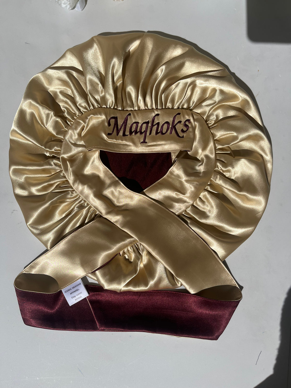 Burgundy and Cream yellow Double sided Hair Bonnet