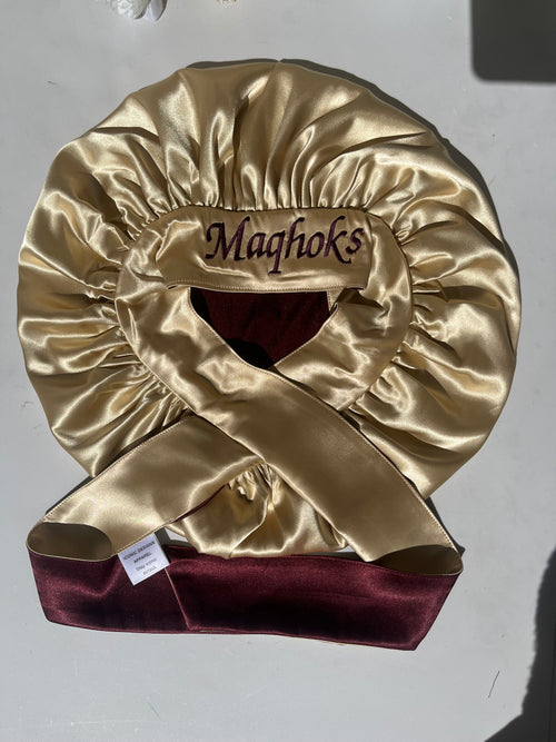 Burgundy and Cream yellow Double sided Hair Bonnet