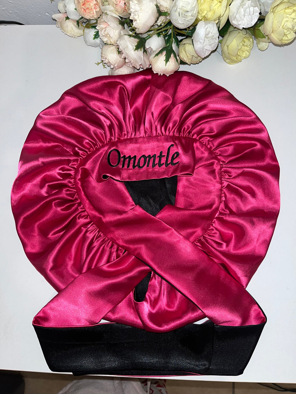 Pink and black hair bonnet