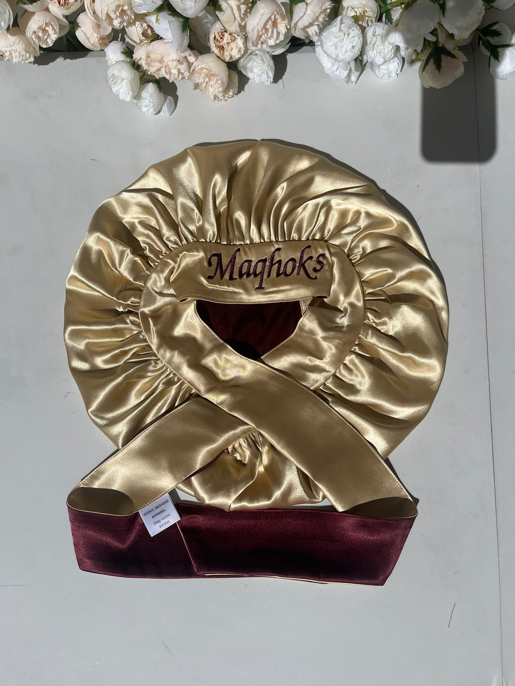Burgundy and Cream yellow Double sided Hair Bonnet