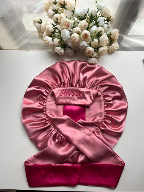 Baby pink and dark pink hair bonnet