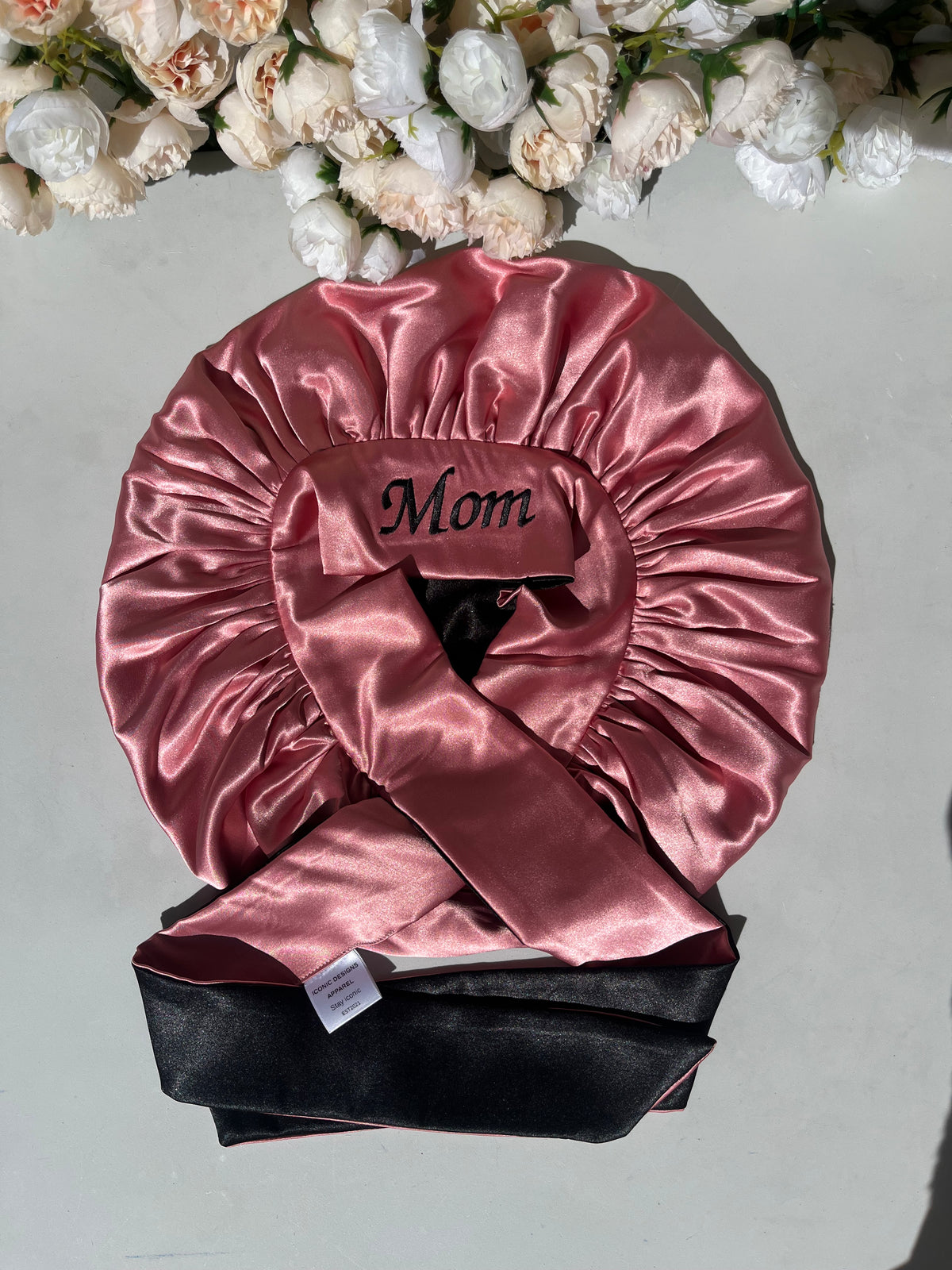 Baby Pink and black double sided hair bonnet