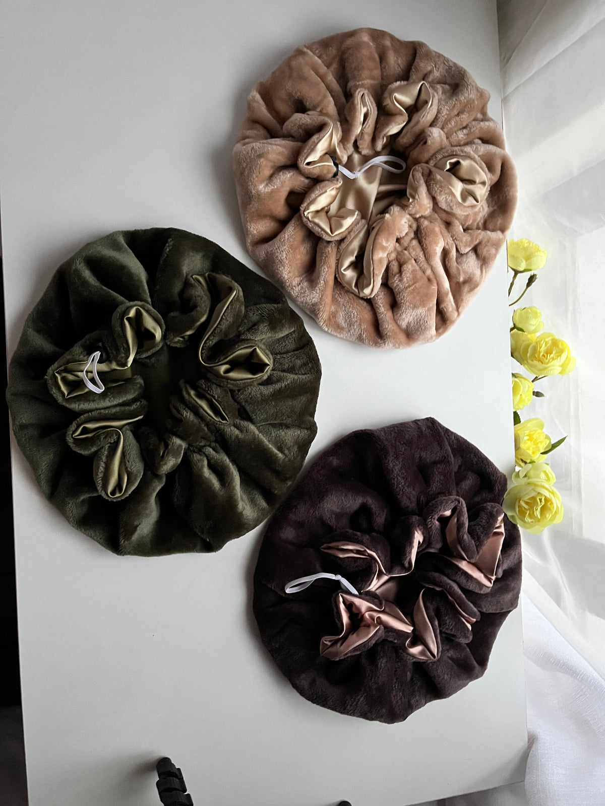 Satin lined,  Warm fleece hair Bonnets