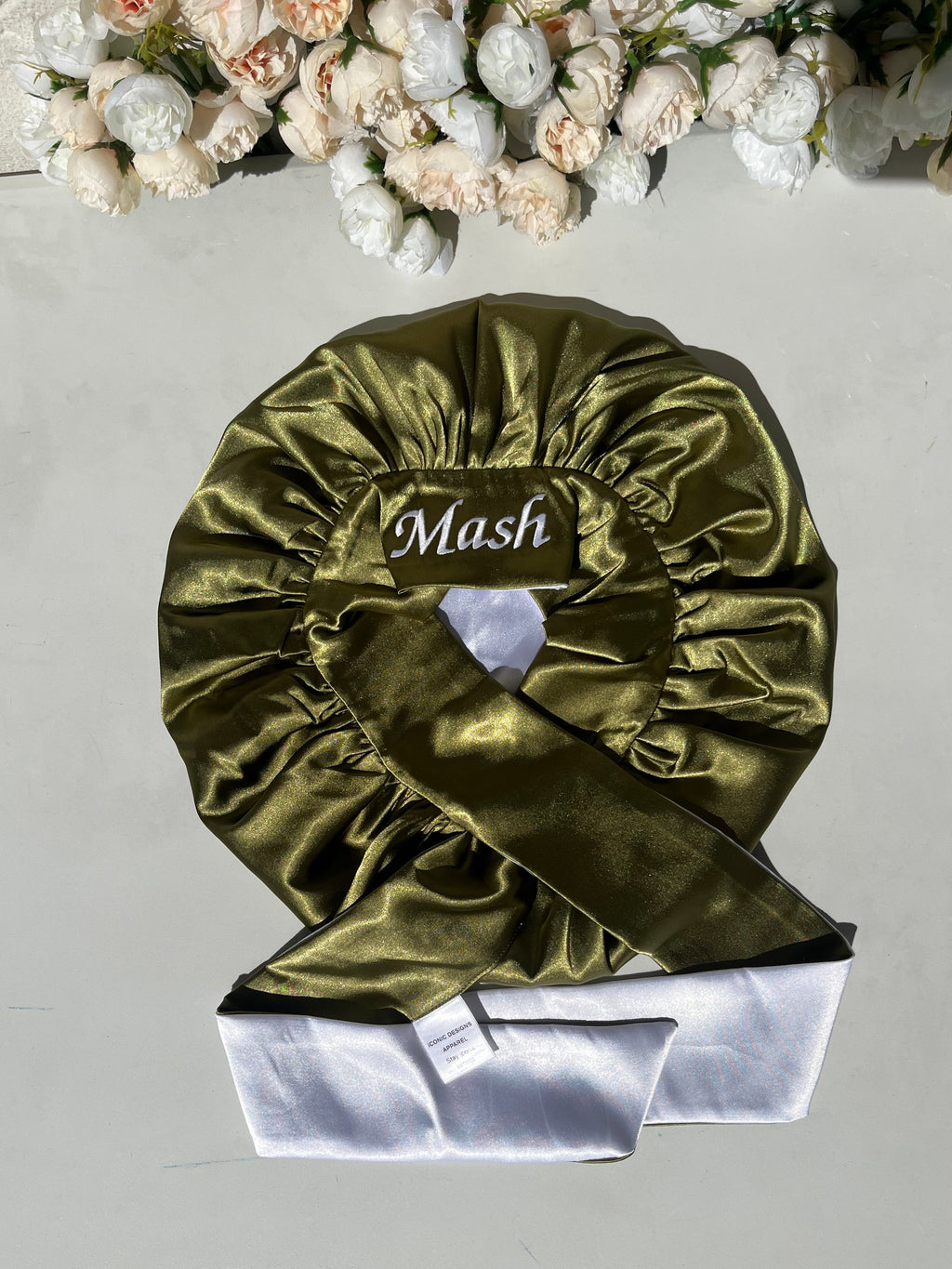 Olive green and white double sided hair bonnet
