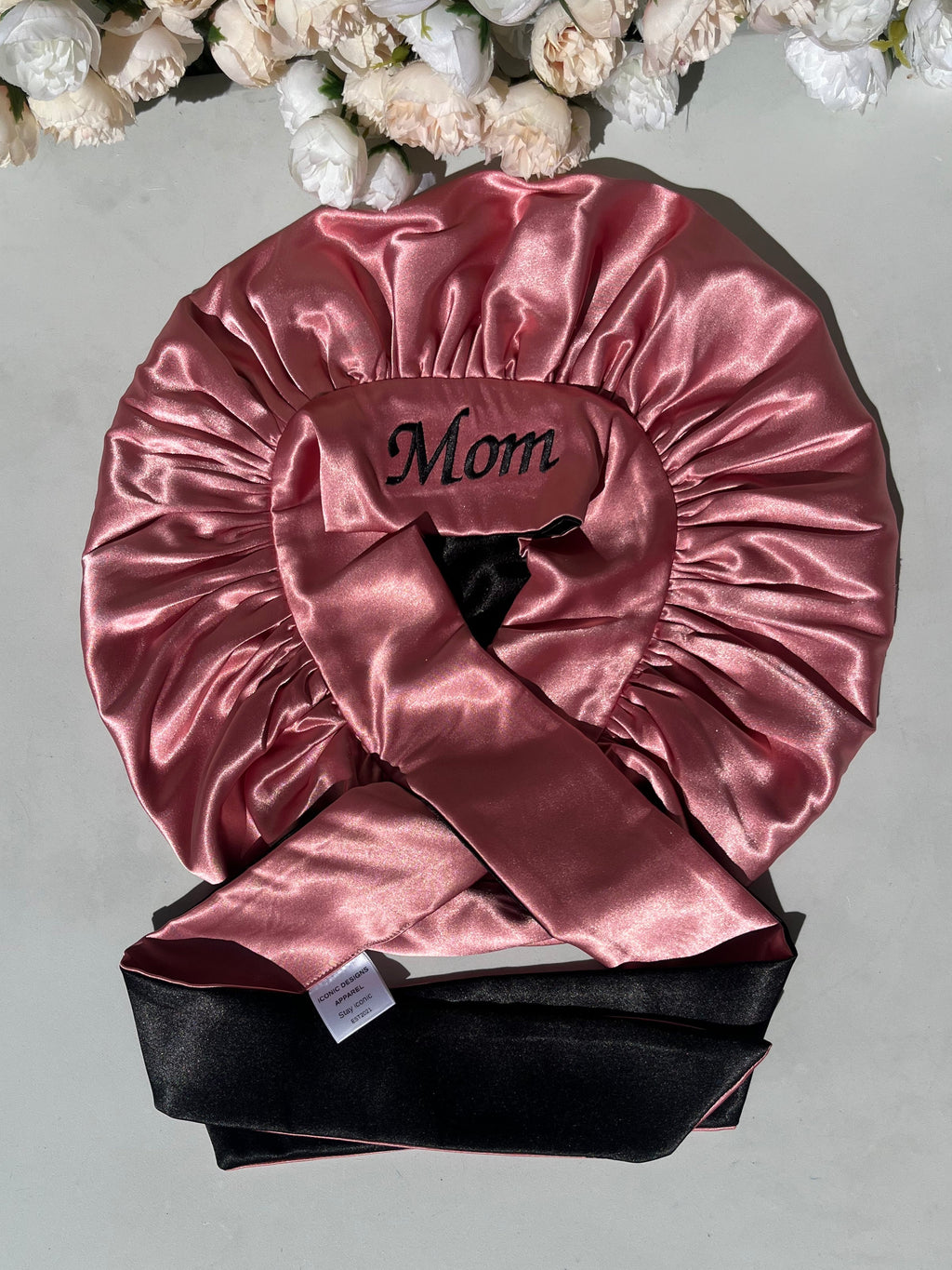Baby Pink and black double sided hair bonnet