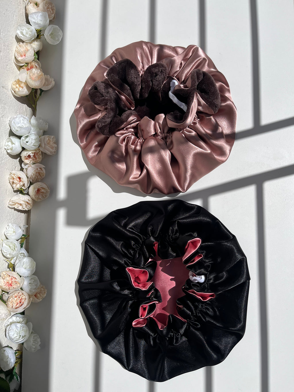 Ruffle sating hair bonnet