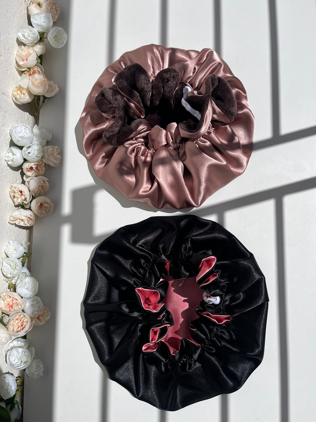 Ruffle sating hair bonnet