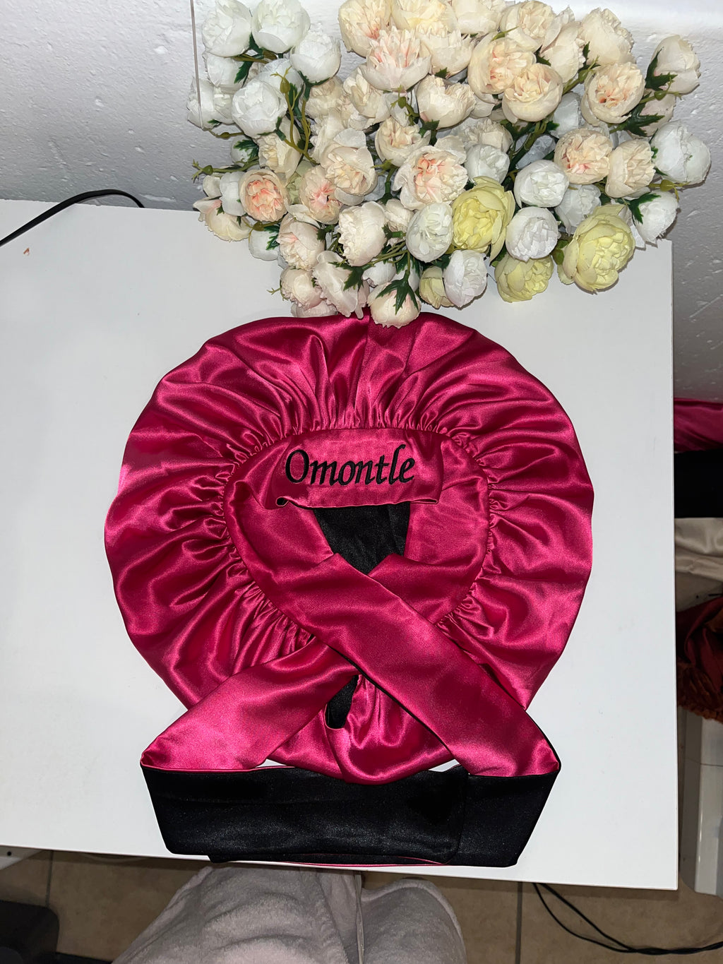 Pink and black hair bonnet